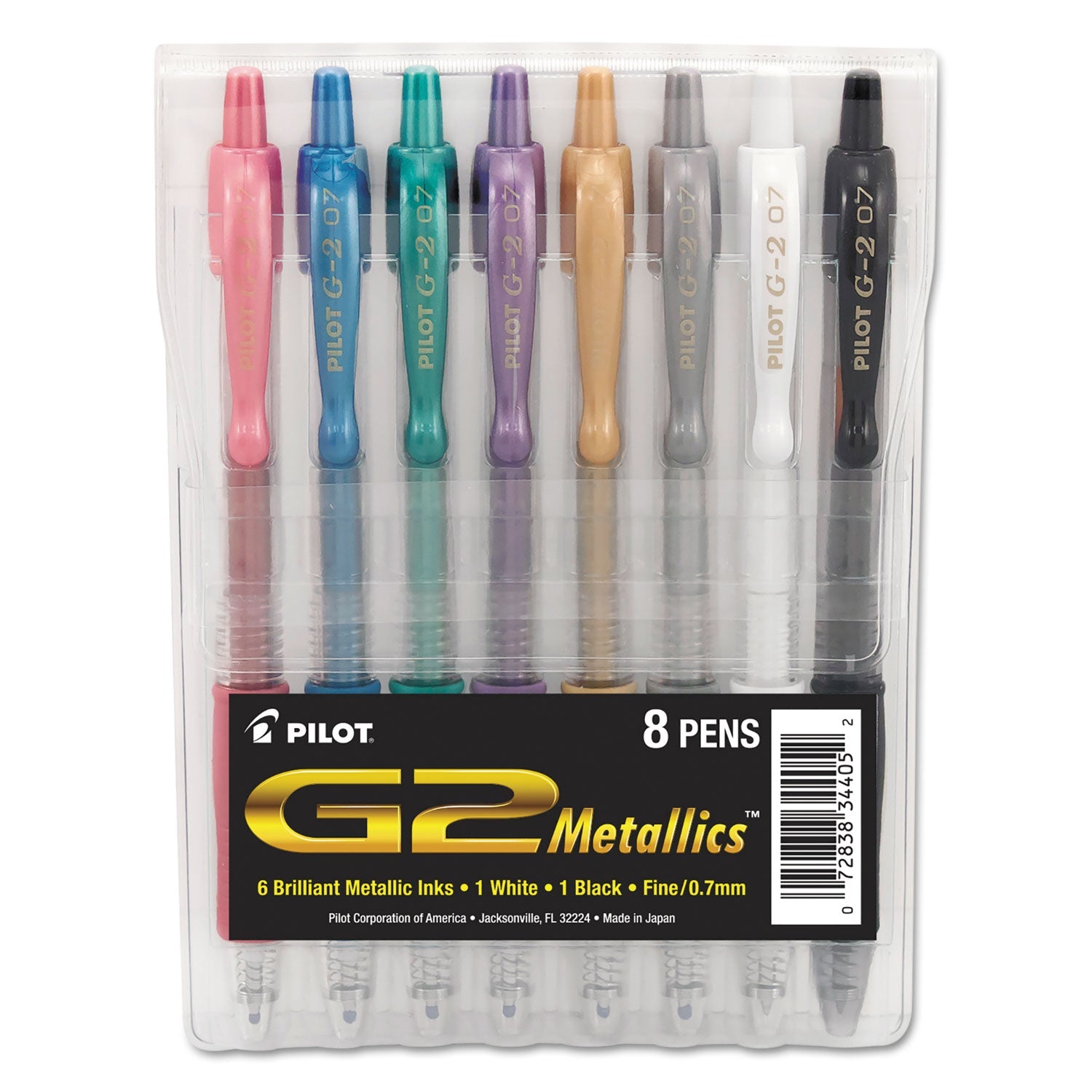 Pilot G2 Metallics Gel Pen, Retractable, Fine 0.7 mm, Assorted Ink and Barrel Colors, 8/Pack