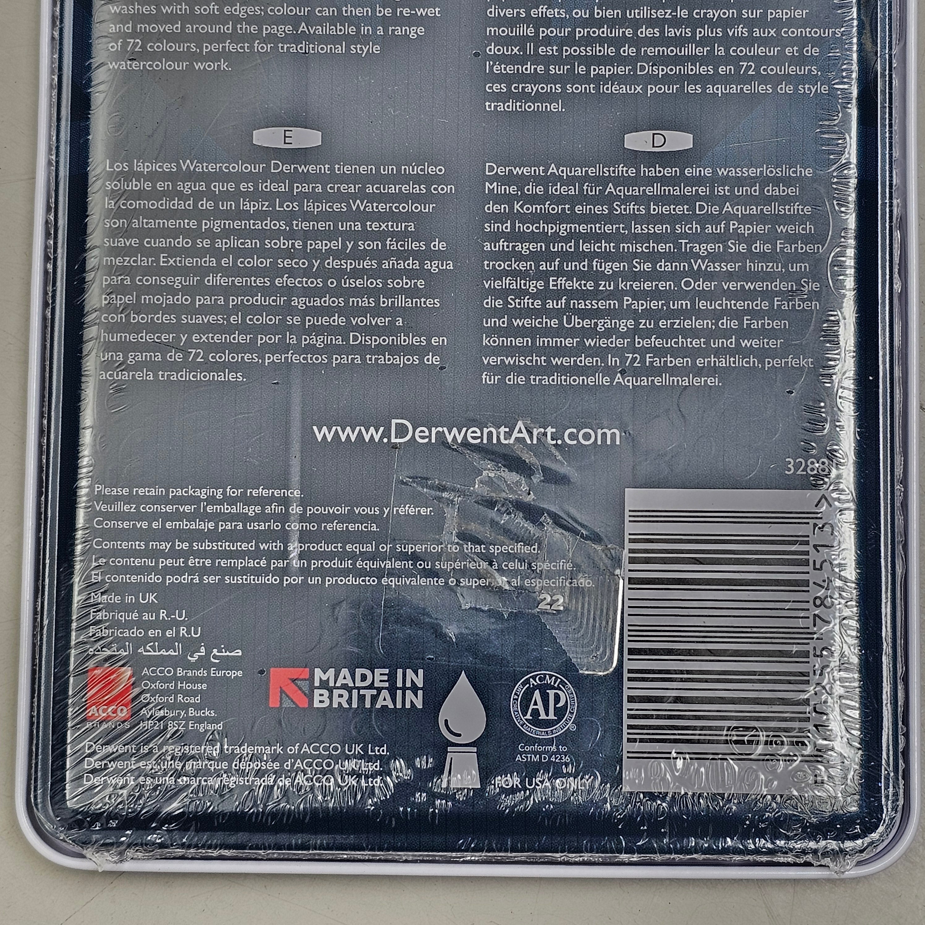 DERWENT (12 PACK) Watercolour Pencils Metal Tin Water Soluble Color Layer 3288I