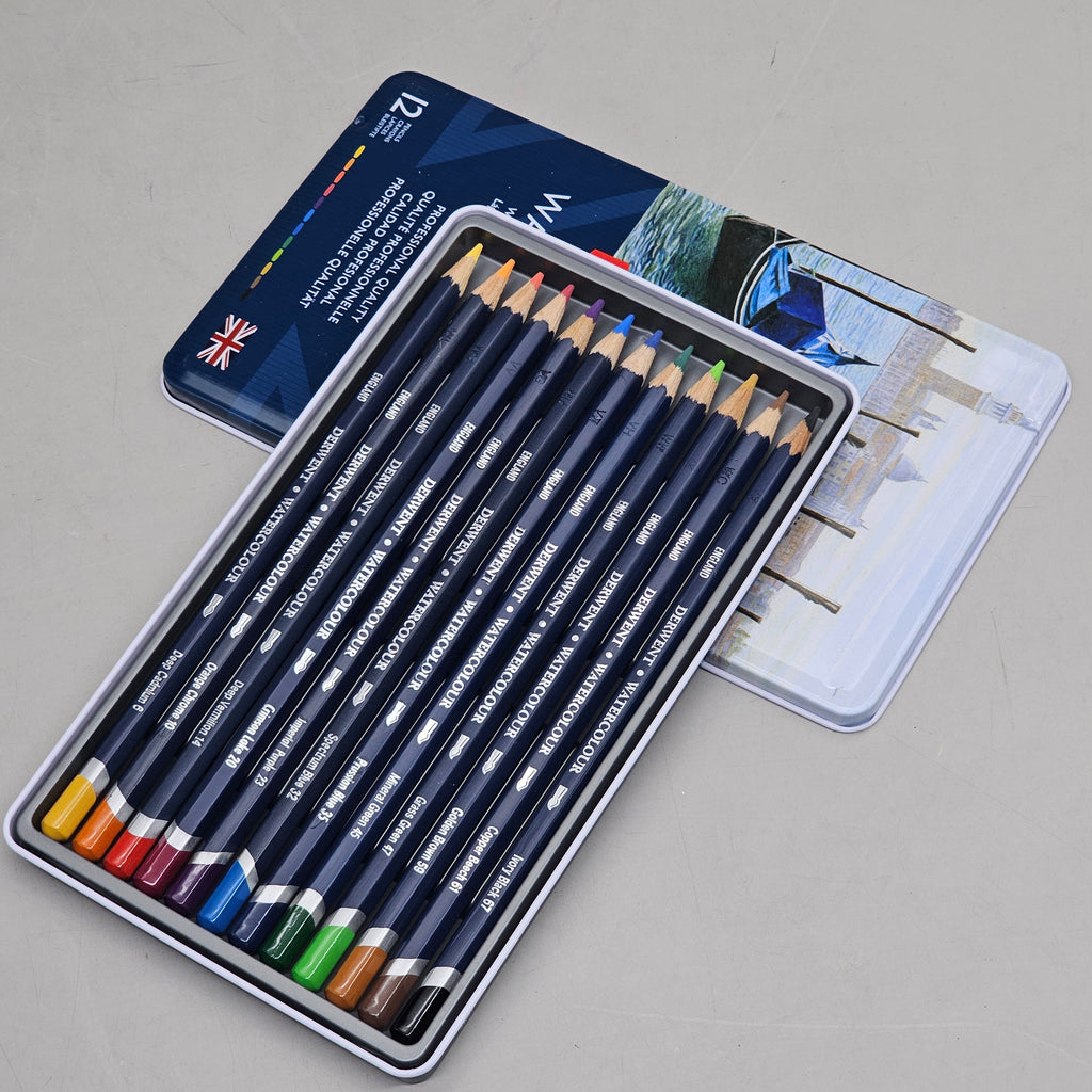 DERWENT (12 PACK) Watercolour Pencils Metal Tin Water Soluble Color Layer 3288I