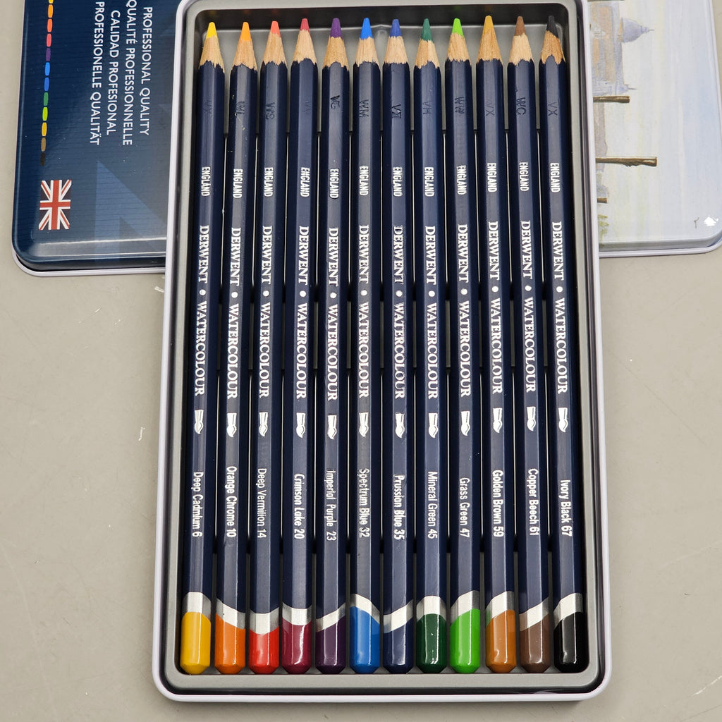 DERWENT (12 PACK) Watercolour Pencils Metal Tin Water Soluble Color Layer 3288I