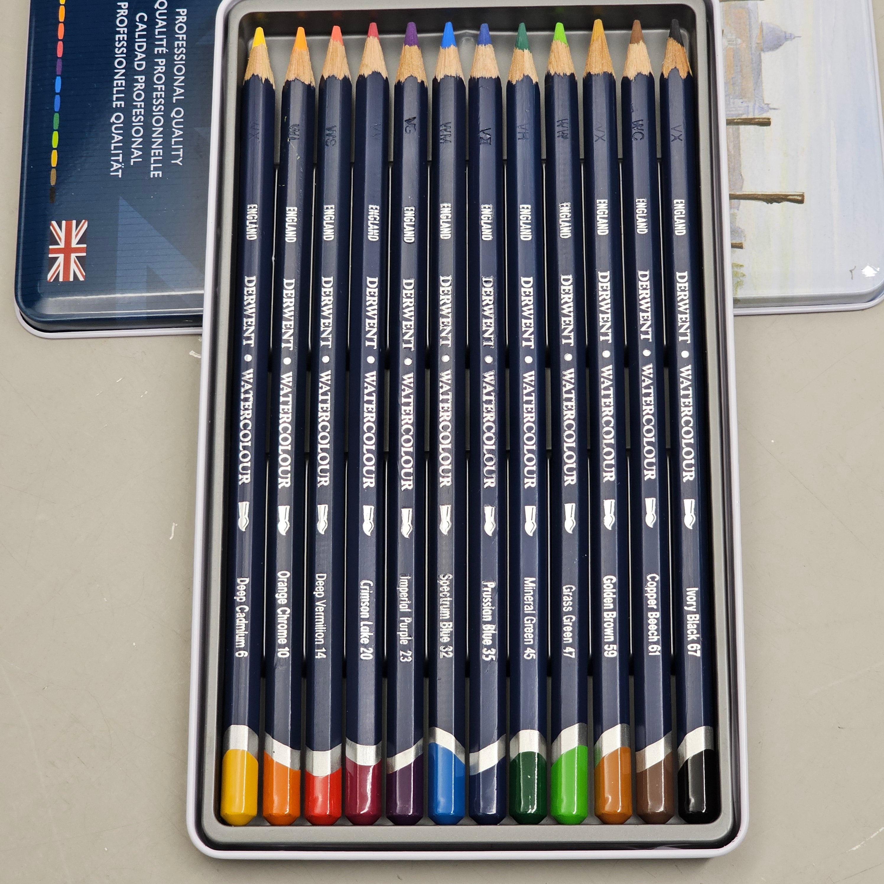 DERWENT (12 PACK) Watercolour Pencils Metal Tin Water Soluble Color Layer 3288I