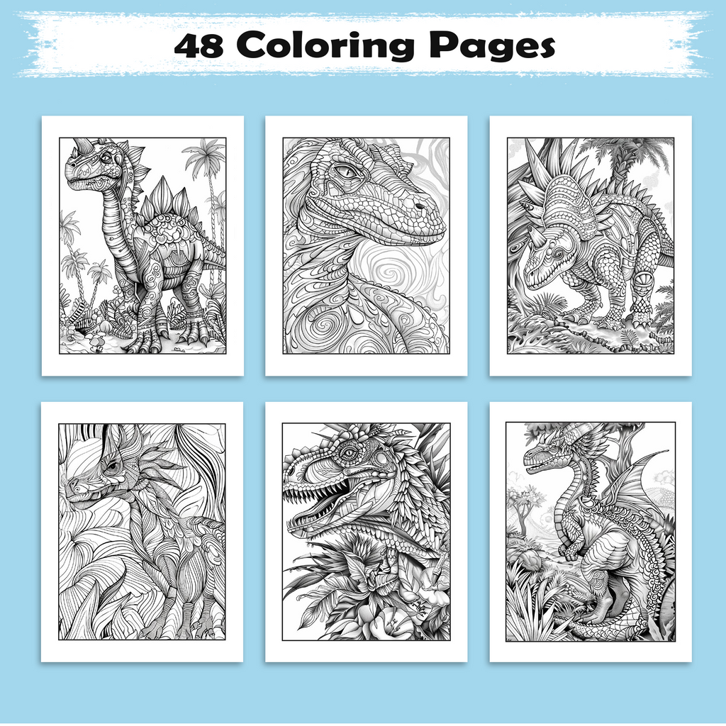 Dino Kingdom Coloring Pages – 48 Intricate, Detailed Dinosaur Scenes – For Adults