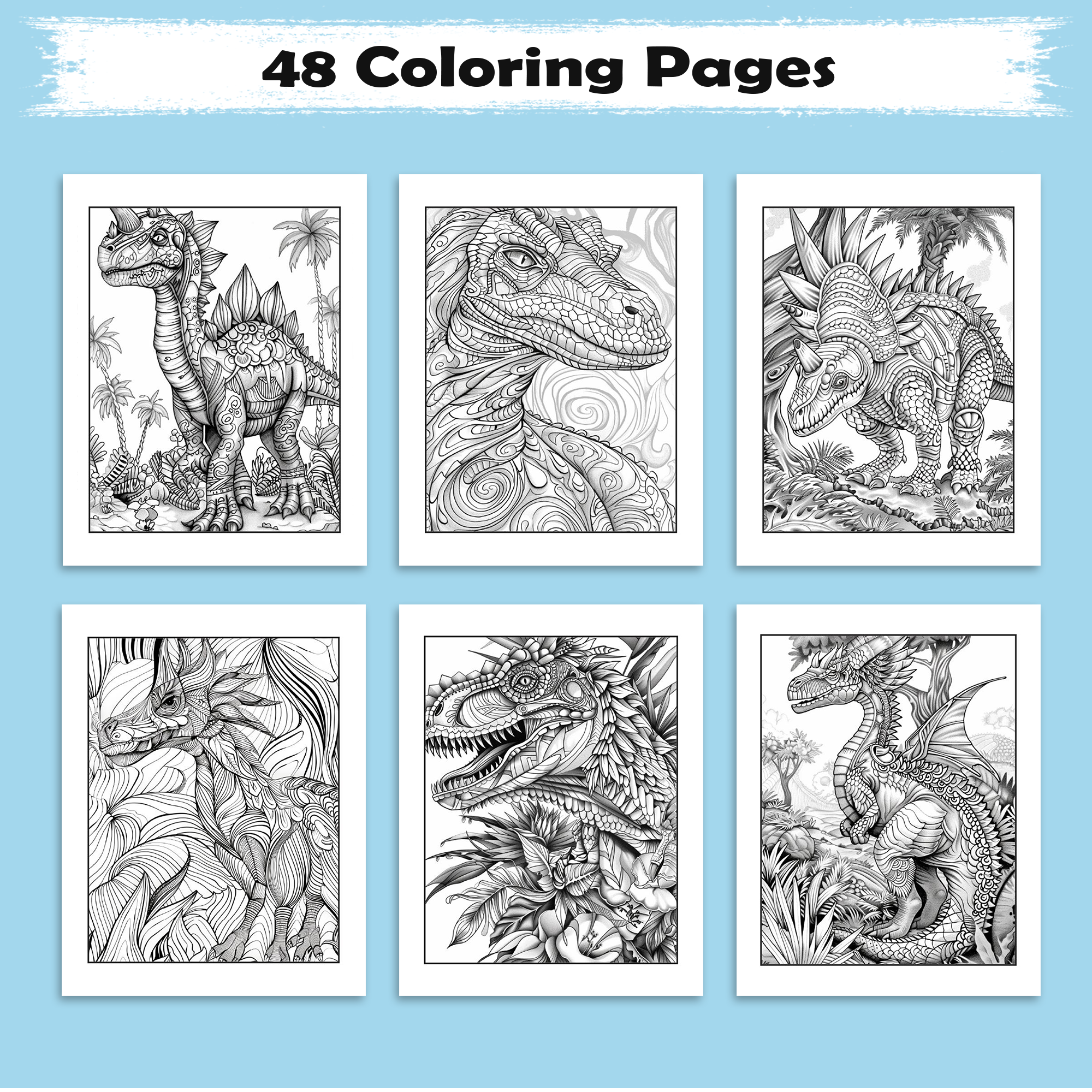 Dino Kingdom Coloring Pages – 48 Intricate, Detailed Dinosaur Scenes – For Adults