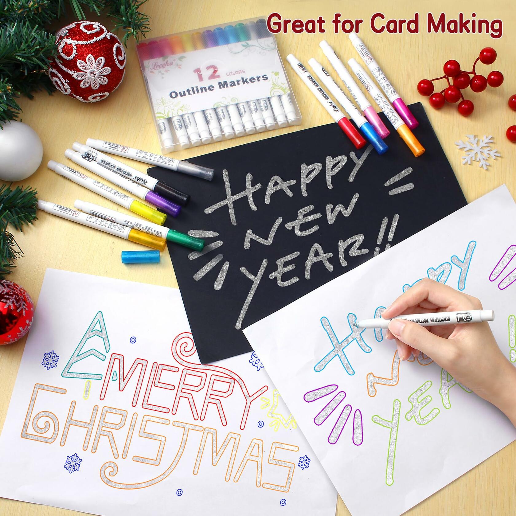 Leceha Metallic Glitter Outline Markers Pens 12 Colors Drawing Kids Teens